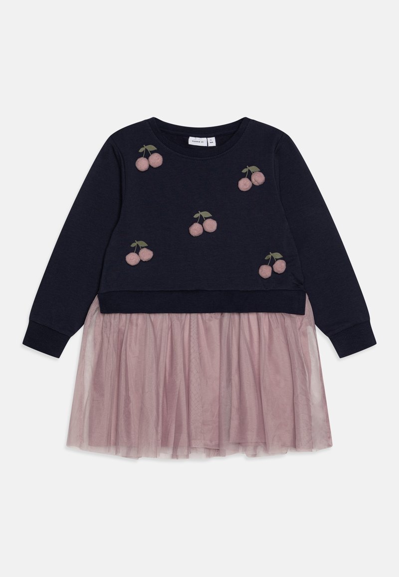 Navy sweatshirt with pink embroidered cherries, layered over a light pink tulle skirt. Features long sleeves and a round neckline.