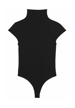 Fekete body magas nyakkivágással, kis ujjal és tanga szabású alsó résszel. Simább, rugalmas anyagból készült. Nincsenek látható minták vagy fémrészek.