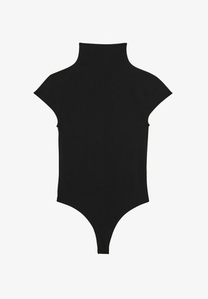 Crna bodysuit s visokim ovratnikom, malim rukavima i tanga krojem na dnu. Izrađena od glatkog, rastezljivog materijala. Nema vidljivih uzoraka ili metalnih dijelova.