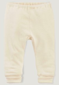 Beige Baumwollhose für Kleinkinder mit elastischem Bund, schmal zulaufenden Beinen und gerippten Bündchen. Weicher Stoff mit minimalistischem Design.