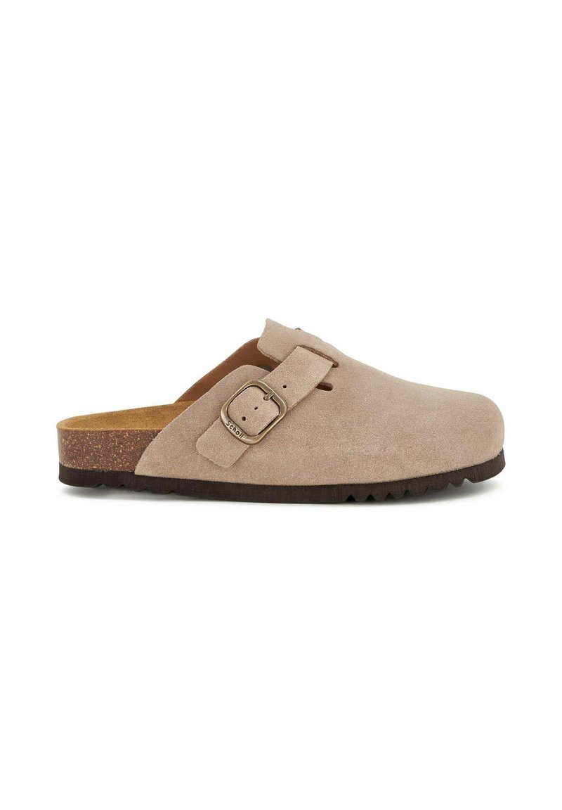 Sabot en suède beige avec une large lanière et une boucle texturée, semelle en liège et semelle en caoutchouc noir contrastante présentant un motif en zigzag.