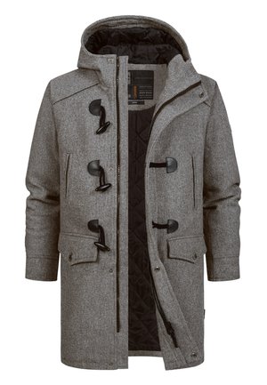 Cappotto di lana grigio con cappuccio, fodera interna nera trapuntata, cerniera frontale e tasche con patta e chiusura a bottone.