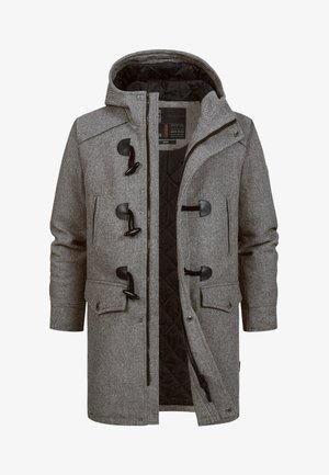 Cappotto di lana grigio con cappuccio, fodera interna nera trapuntata, cerniera frontale e tasche con patta e chiusura a bottone.