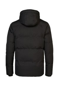 Giubbotto imbottito nero con cappuccio, caratterizzato da un design trapuntato e polsini elastici. Il materiale sembra liscio con una finitura opaca.