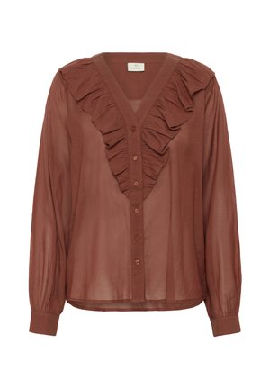 Brown, sheer blouse featuring a V-neck, front ruffles, and button closure. Long, gathered sleeves with fitted cuffs. Smooth texture.