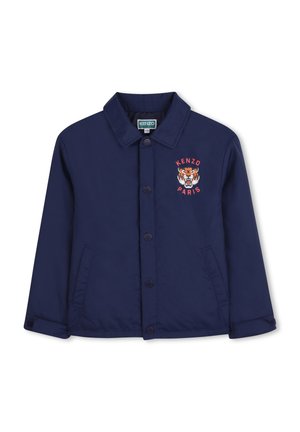 Veste bleu marine en tissu léger, dotée d'une fermeture à boutons, de poches latérales et d'un logo tigre accompagné du texte "KENZO PARIS".