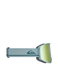 Gogle narciarskie z zakrzywioną soczewką, szarym i miętowym ramieniem, zieloną lustrzaną soczewką, regulowanym paskiem z logo oraz wyściełanym wnętrzem.