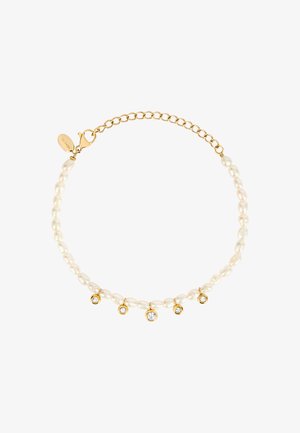 Delikat choker halskæde med små hvide perler, fem guldfæste, som hver holder en klar ædelsten, og en justerbar kæde i guld med lås.