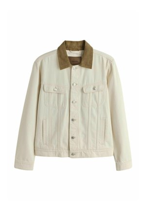 Világos krémszínű farmerdzseki barna kordbársony gallérral, két mellzsebbel, elülső gombokkal és oldalsó zsebekkel.