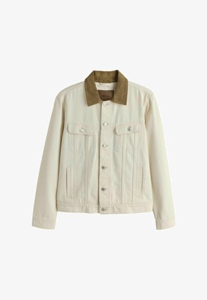 Helekreemjas teksajakk pruunist veluurist kraega, millel on kaks rinnataskut, ees nupud ja külgedel õmblustega taskud.