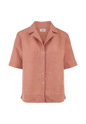 Kurzärmeliges, staubrosafarbenes Hemd zum Knöpfen mit Kragen und seitlichen Schlitzen, gefertigt aus strukturiertem Stoff.