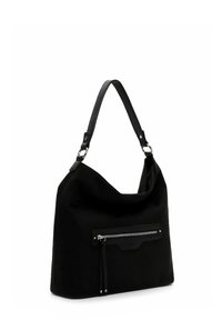 Black fabric hobo bag with a smooth texture, a single leather strap, and a zippered front pocket featuring a decorative tassel.