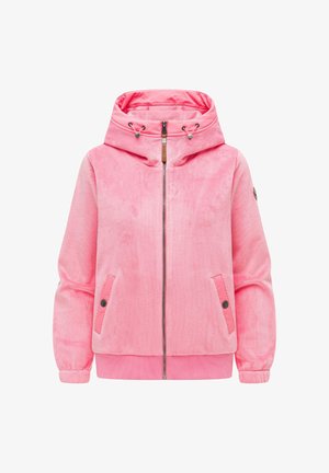 Blød lyserød fløjlsjakke med lynlås og hætte, to forlommer med knaplukning, elastiske ærmekanter og et lille logopatch på ærmet.