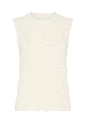 Ærmeløs cremefarvet striktop med bølgede kanter ved ærmegab og kant, med et tekstureret zigzag-mønster og en rund halsudskæring.