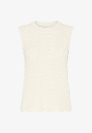 Krémový bezrukávový pletený top se zvlněnými okraji na průramcích a lemu, s texturovaným cikcak vzorem a kulatým výstřihem.
