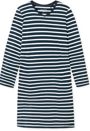 Sjömansblå och vitrandig långärmad klänning med V-halsringning, gjord av mjukt tyg, med rak passform och medellånga ärmar.