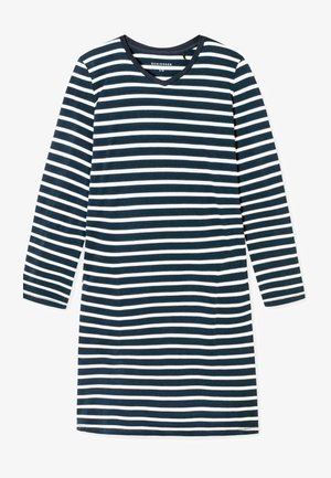 Sinine ja valge triibuline pika varrukaga kleit V-kaelusega, tehtud pehmest kangast, otse lõike ja keskmise pikkusega varrukatega.