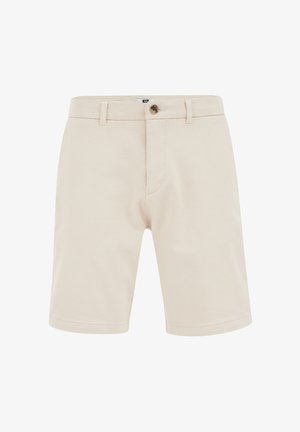 Beige shorts made of cotton blend fabric, featuring a smooth texture, a button closure, and side pockets with a tailored fit.