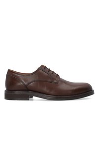 Braune Leder-Oxfordschuhe mit glatter Textur, flachem Absatz, schmaler Form und klassischem Schnürdesign. Mit kontrastierenden Nähten.