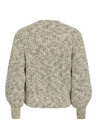 Pull en maille texturée aux tons neutres crème et marron ; présente un col rond, des manches bouffantes et un ourlet raccourci.