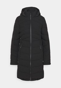 Cappotto imbottito nero con chiusura a zip, cappuccio e tasche con zip. Motivo verticale trapuntato e orlo leggermente svasato nella parte inferiore.