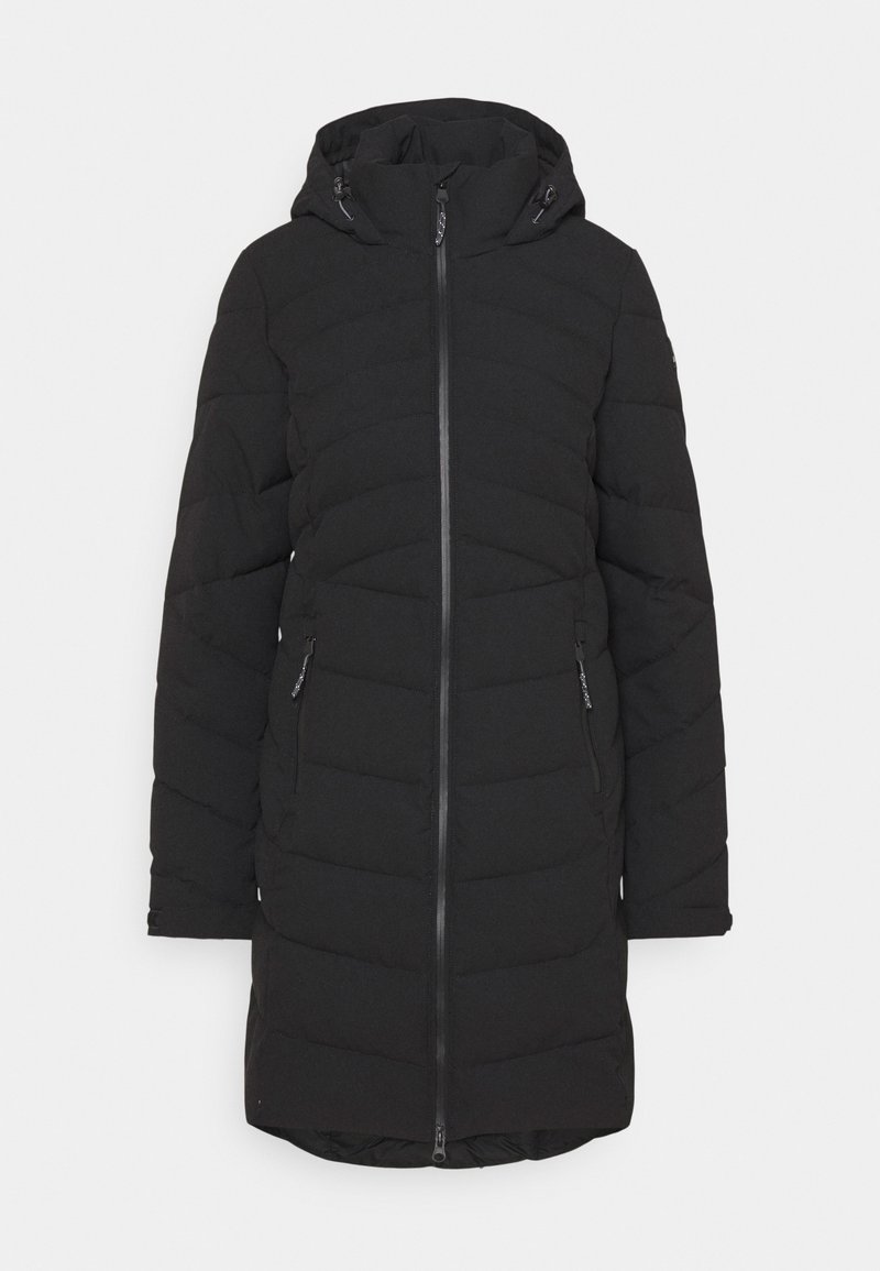 Cappotto imbottito nero con chiusura a zip, cappuccio e tasche con zip. Motivo verticale trapuntato e orlo leggermente svasato nella parte inferiore.