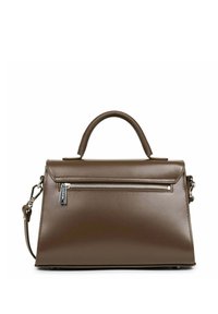 Borsa a mano in pelle marrone caratterizzata da una forma strutturata, manico superiore, tracolla removibile e una tasca con zip frontale con finiture in argento.