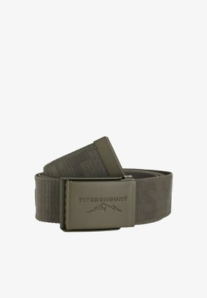 Olive green nylon belt with a textured finish and a rectangular plastic buckle, featuring the engraved logo "SWEDMOUNT" and mountain graphic.