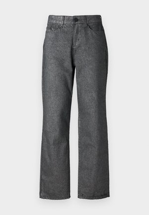 Graue Jeans aus Denim mit einem leichten Schimmer, gerades Bein, fünf Taschen, Knopfverschluss und sichtbaren Nähdetails.