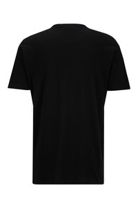 T-shirt en coton noir, à manches courtes, col rond, design uni avec une texture lisse, vue de dos, sans logos ni motifs visibles.