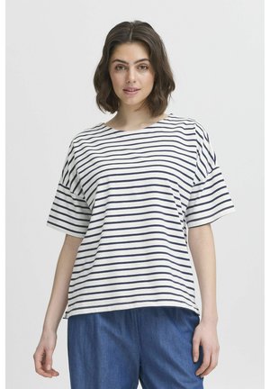 Striped t-shirt featuring horizontal navy stripes on a cream background, made from soft cotton, with a relaxed fit and short sleeves.