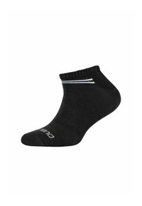 Calzino nero alla caviglia realizzato in un materiale morbido, con una fascia a coste e due strisce bianche intorno alla parte superiore. Logo del marchio sul lato.