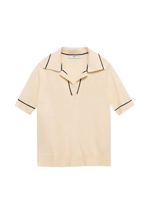 Beiges Strickoberteil mit kurzen Ärmeln, weitem Kragen und schwarzer Paspelierung entlang der Kragenkanten und Ärmelbündchen.