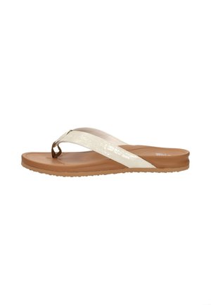 Light brown flat sandal with textured white Y-shaped strap and toe post, side view on a white background.