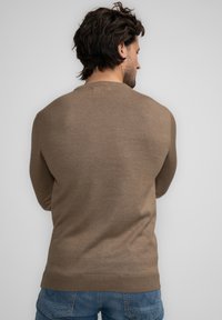 Bruine gebreide trui met een ronde halslijn en ribbelzoom, gedragen met blauwe jeans, met een gladde textuur en eenvoudig ontwerp.
