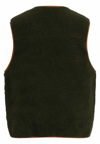 Colete de fleece verde com uma textura suave, apresentando um colarinho alto e detalhes laranja nas cavas e na borda inferior. Vista traseira apenas.