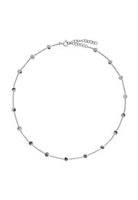 Silberne Metallkette mit kreisförmigen Scheiben, die entlang einer feinen Kette verteilt sind, mit einem Karabinerverschluss und einer verstellbaren Längenerweiterung.