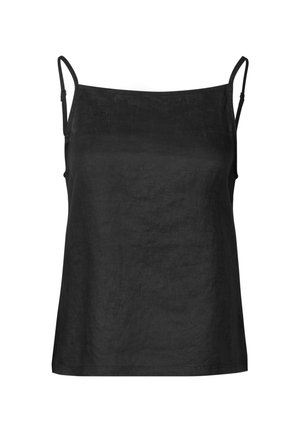 Černá bezrukávová top. Vybavena tenkými nastavitelnými ramínky, hladkým povrchem a volným střihem. Vyrobeno z lehké tkaniny.