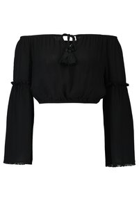 Haut court noir à épaules dénudées avec manches longues, taille élastique et accents de pompons au niveau du col, fabriqué en tissu léger.