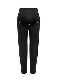 Melnas grūtnieču džinsa bikses ar augstu elastīgu jostasvietu, sašaurinātām kājām un divām priekšējām kabatām. Gluda džinsa tekstūra ar minimālām metāla detaļām.