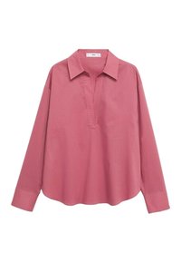 Chemise ample à manches longues en tissu rose doux. Comprend un col et un décolleté à encoches. Texture lisse avec une silhouette décontractée.