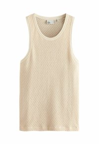 Beige ærmeløs strikket tanktop med struktureret mønster og rund halsudskæring, mellem størrelse, mærket "Next Edit."
