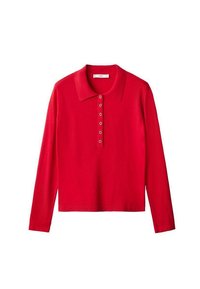 Polo à manches longues rouge avec col, doté d'une patte de boutonnage à cinq boutons. Fabriqué dans un tissu lisse avec une finition texturée.