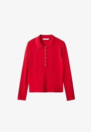 Polo à manches longues rouge avec col, doté d'une patte de boutonnage à cinq boutons. Fabriqué dans un tissu lisse avec une finition texturée.