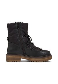 Bottines noires en tissu texturé et en cuir, avec une fermeture éclair sur le côté, des détails en dentelle et une semelle épaisse et robuste de couleur marron.