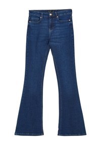 Jeans in denim blu a gamba svasata con vita a media altezza, cinque tasche e dettagli in ottone. Tessuto morbido con cuciture a contrasto lungo le cuciture.