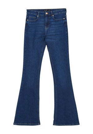 Jeans in denim blu a gamba svasata con vita a media altezza, cinque tasche e dettagli in ottone. Tessuto morbido con cuciture a contrasto lungo le cuciture.