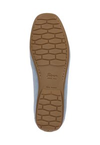 Gummisohle mit einem strukturierten Muster, ausgestattet mit einem hellblauen Oberteil und beigen Akzenten, markiert mit "Sioux" und "ECHTES GUMMI."