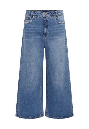 Wide-leg blue denim jeans with a high waist, featuring a button closure, five pockets, and subtle fading. Stitched hem with classic design.