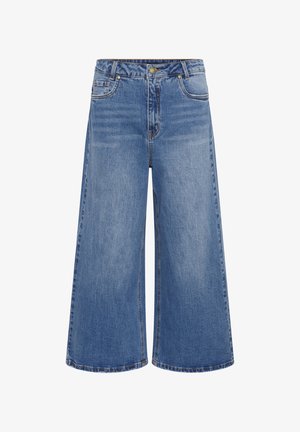 Bő szárú kék denim farmerek magas derékkal, gombos záródással, öt zsebbel és diszkrét kopással. Steppelt szegély klasszikus dizájnnal.